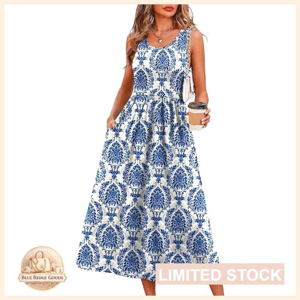 Flowy Midi Dress Boho Chic Casual Summer Vacation Sundress with Pockets